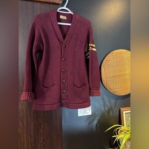 Vintage 1950s %100 wool varsity Men's Burgundy Cardigan Sweater